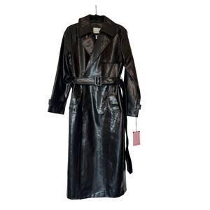 Chic "Avec Les Filles" Faux-Leather Trench Coat in Black